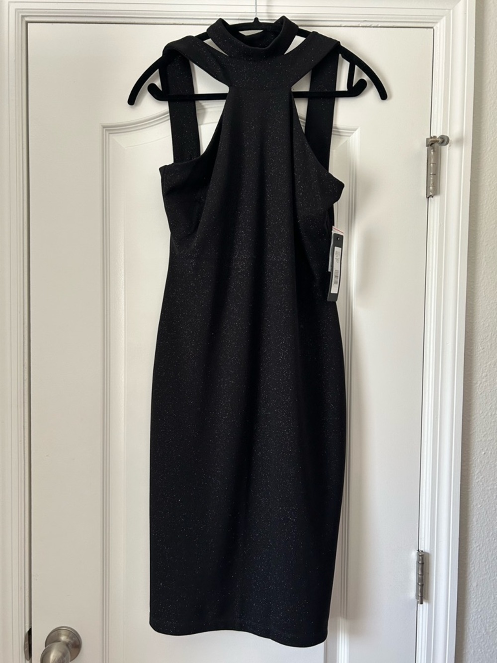 bebe Black Sparkle Sleeveless Halter Midi Dress